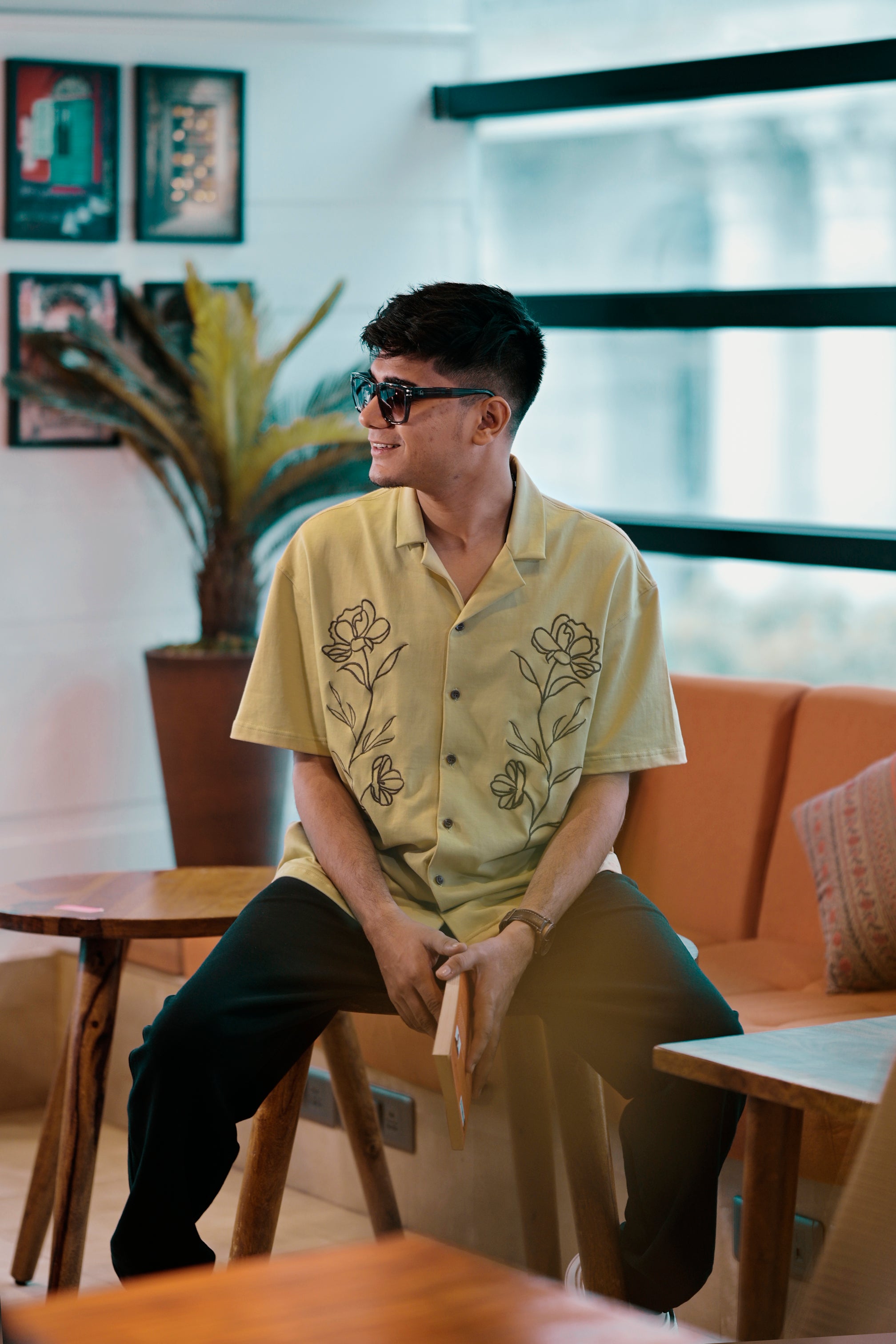 Beige Oversized Embroidered Knitted Shirt