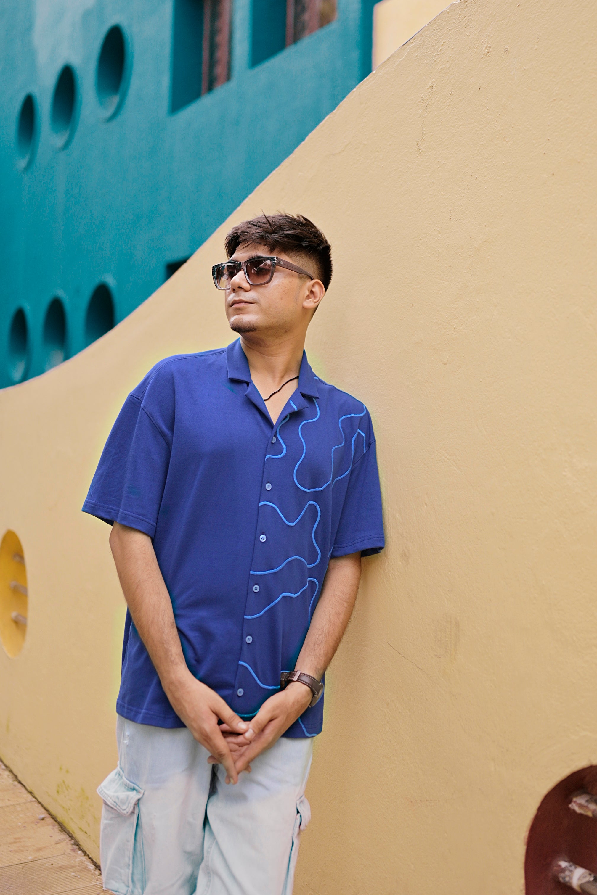 Blue Oversized Embroidered Knitted Shirt