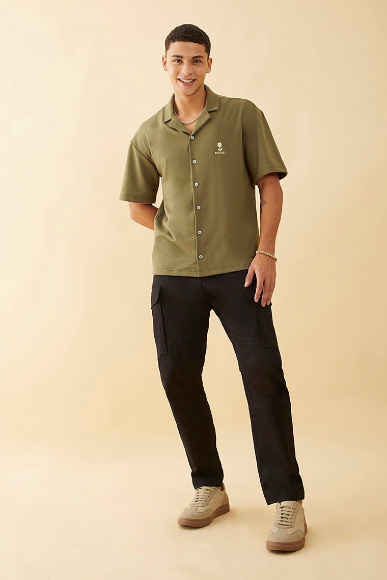 Oversized Olive Green  Graphic Printed Knitted Shirt - Restart