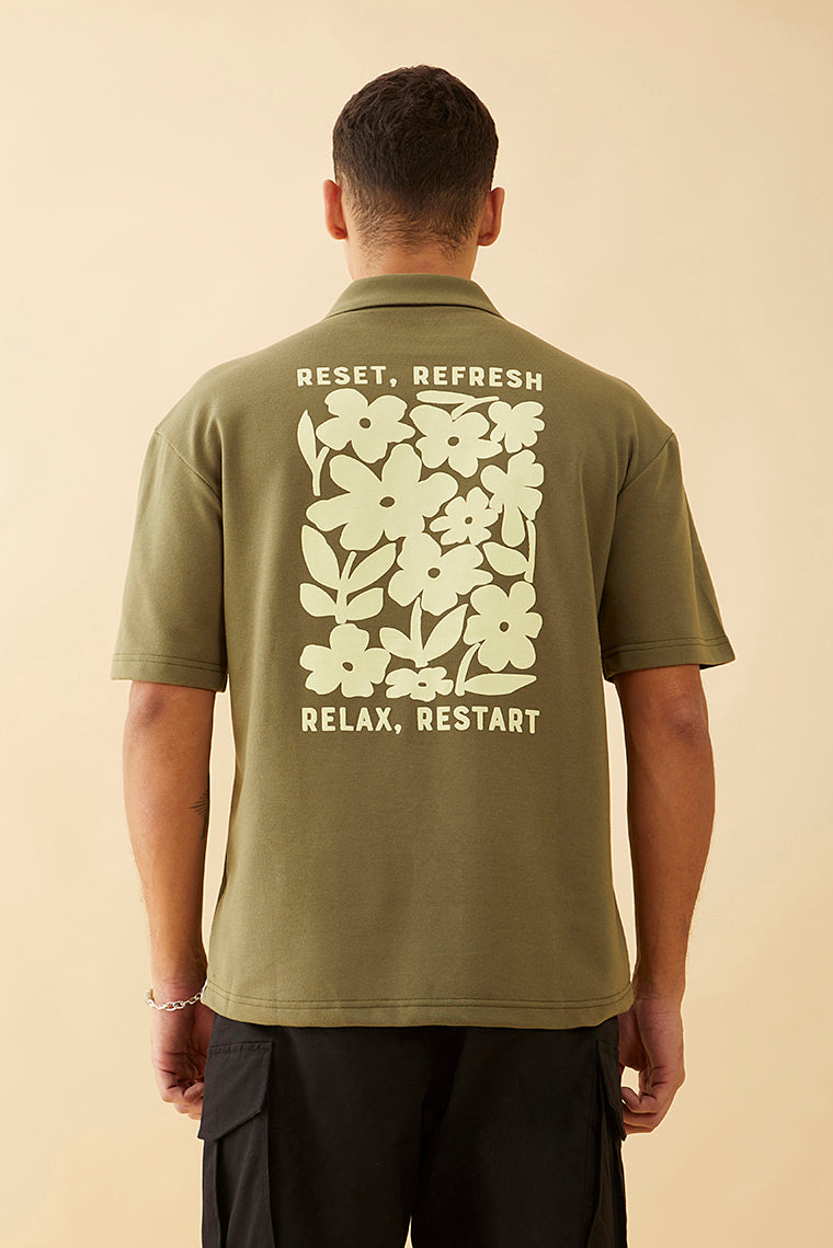 Oversized Olive Green  Graphic Printed Knitted Shirt - Restart