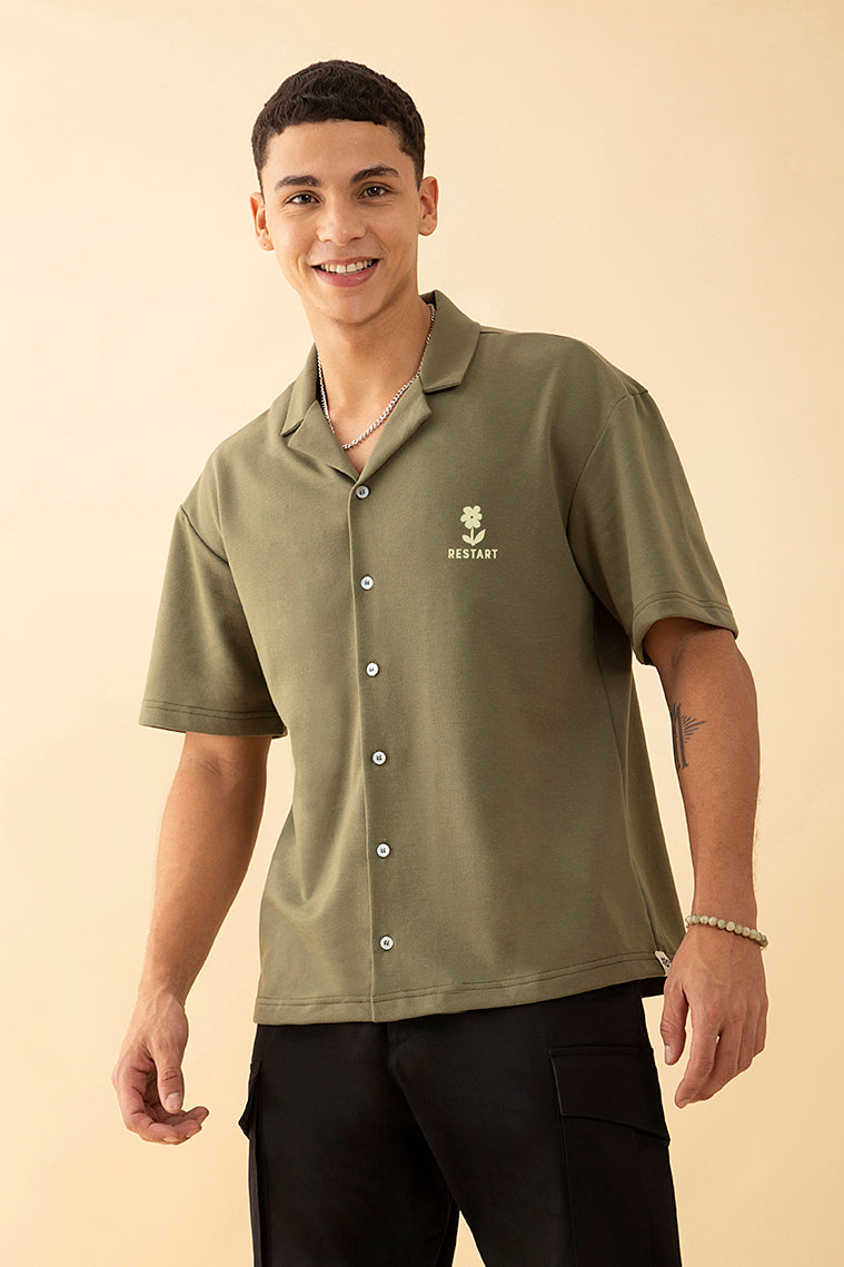 Oversized Olive Green  Graphic Printed Knitted Shirt - Restart