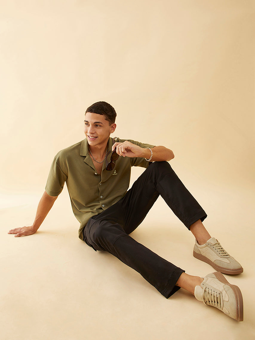 Oversized Olive Green  Graphic Printed Knitted Shirt - Restart