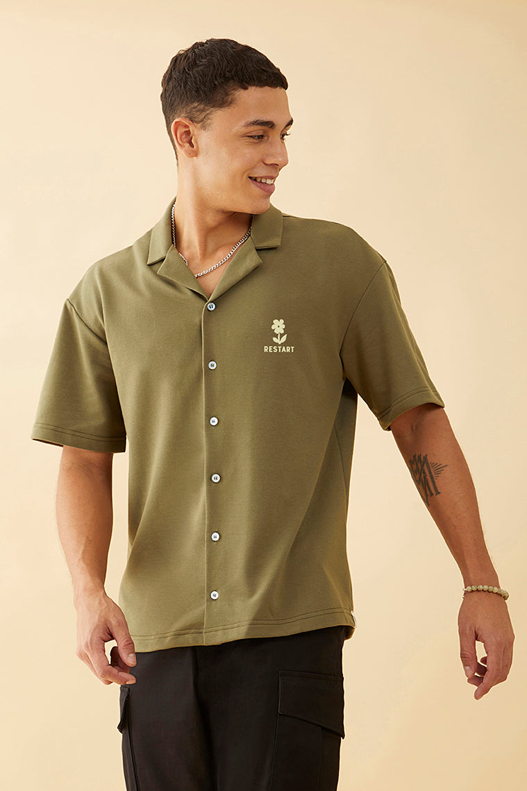 Oversized Olive Green  Graphic Printed Knitted Shirt - Restart