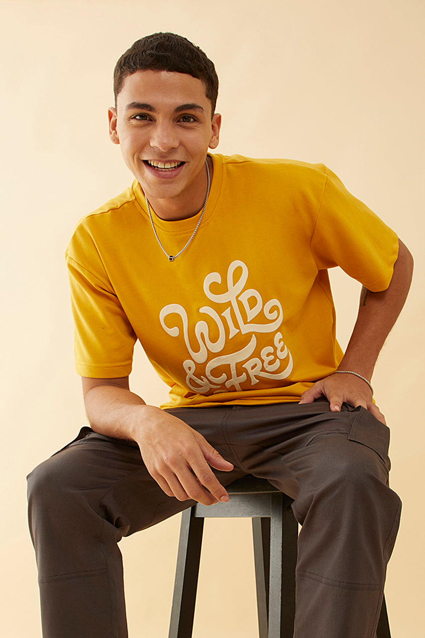 Oversized Mustard  Graphic Printed T-Shirt - Wild and Free