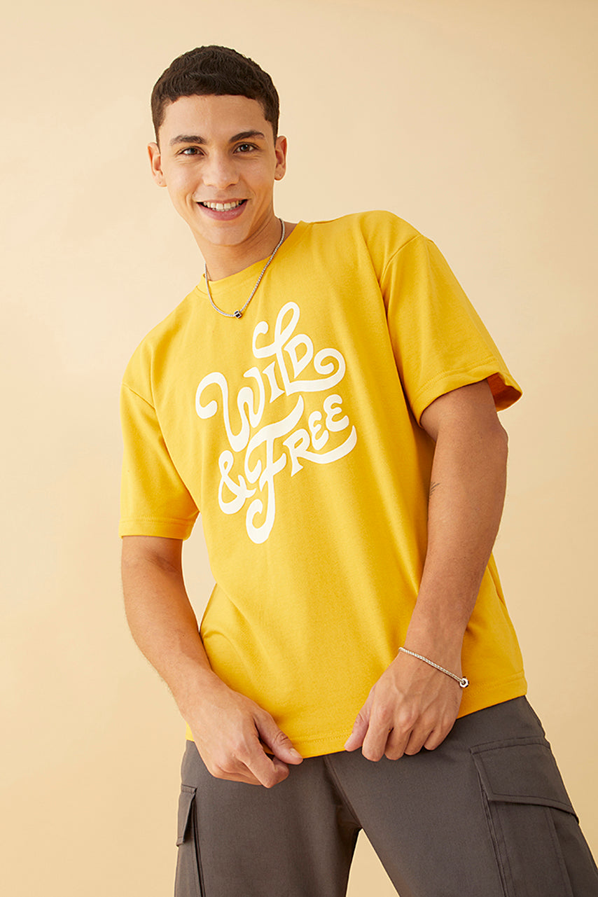 Oversized Mustard  Graphic Printed T-Shirt - Wild and Free