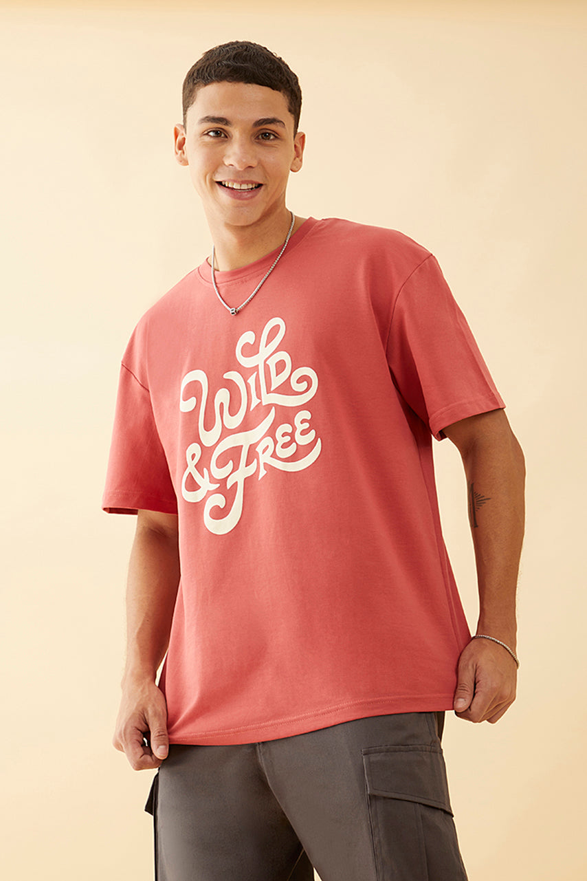 Oversized Red  Graphic Printed T-Shirt - Wild and Free