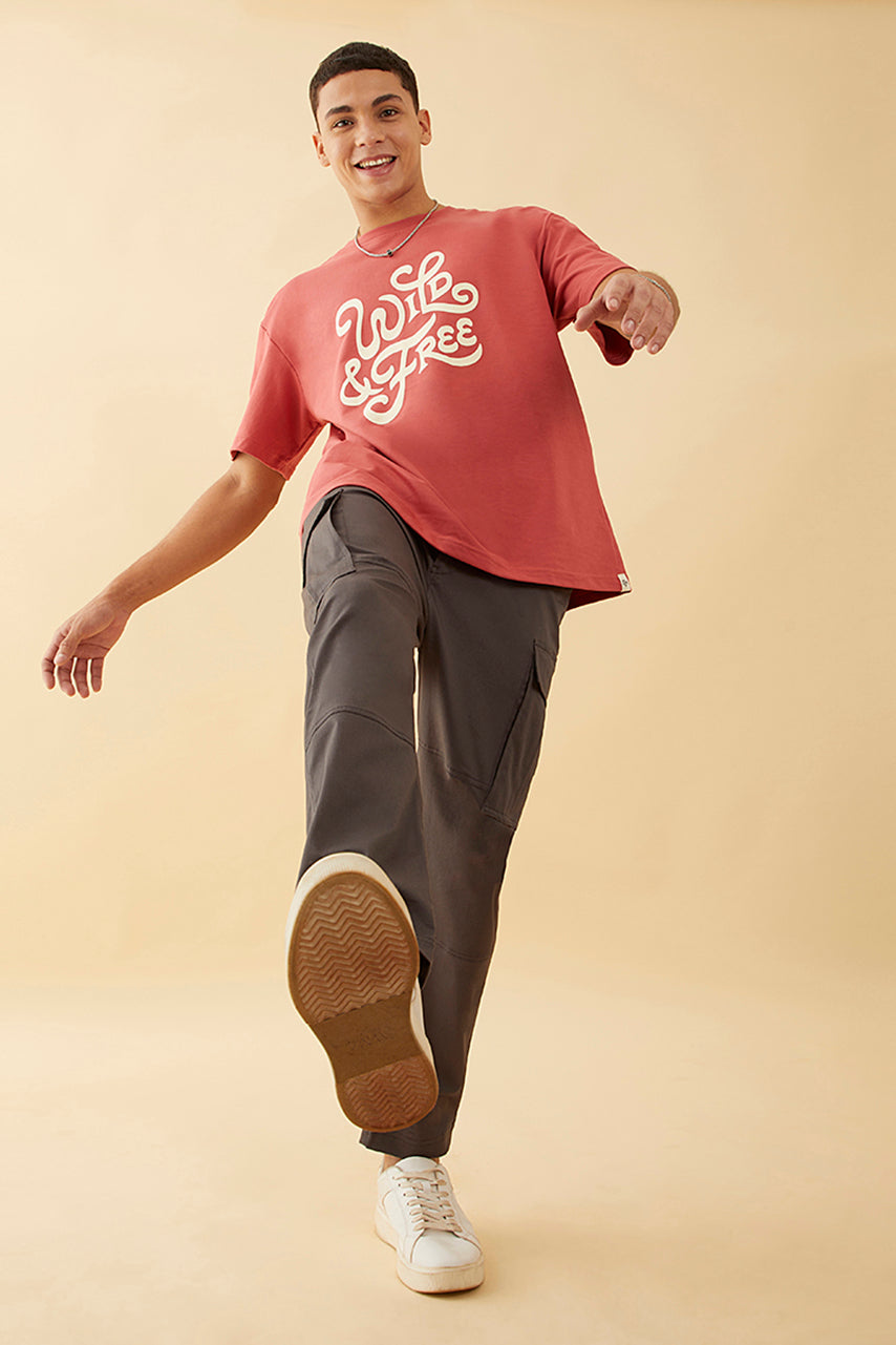 Oversized Red  Graphic Printed T-Shirt - Wild and Free