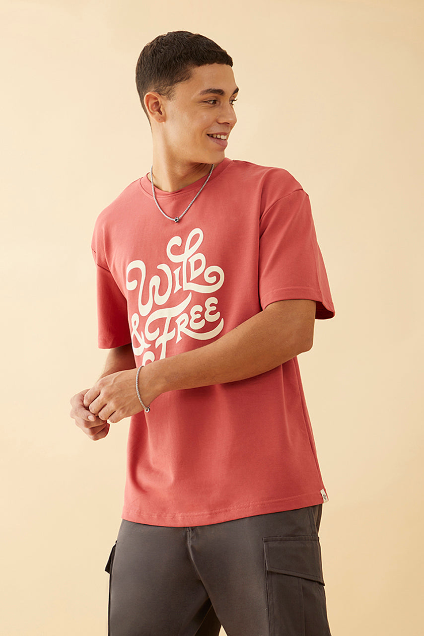 Oversized Red  Graphic Printed T-Shirt - Wild and Free
