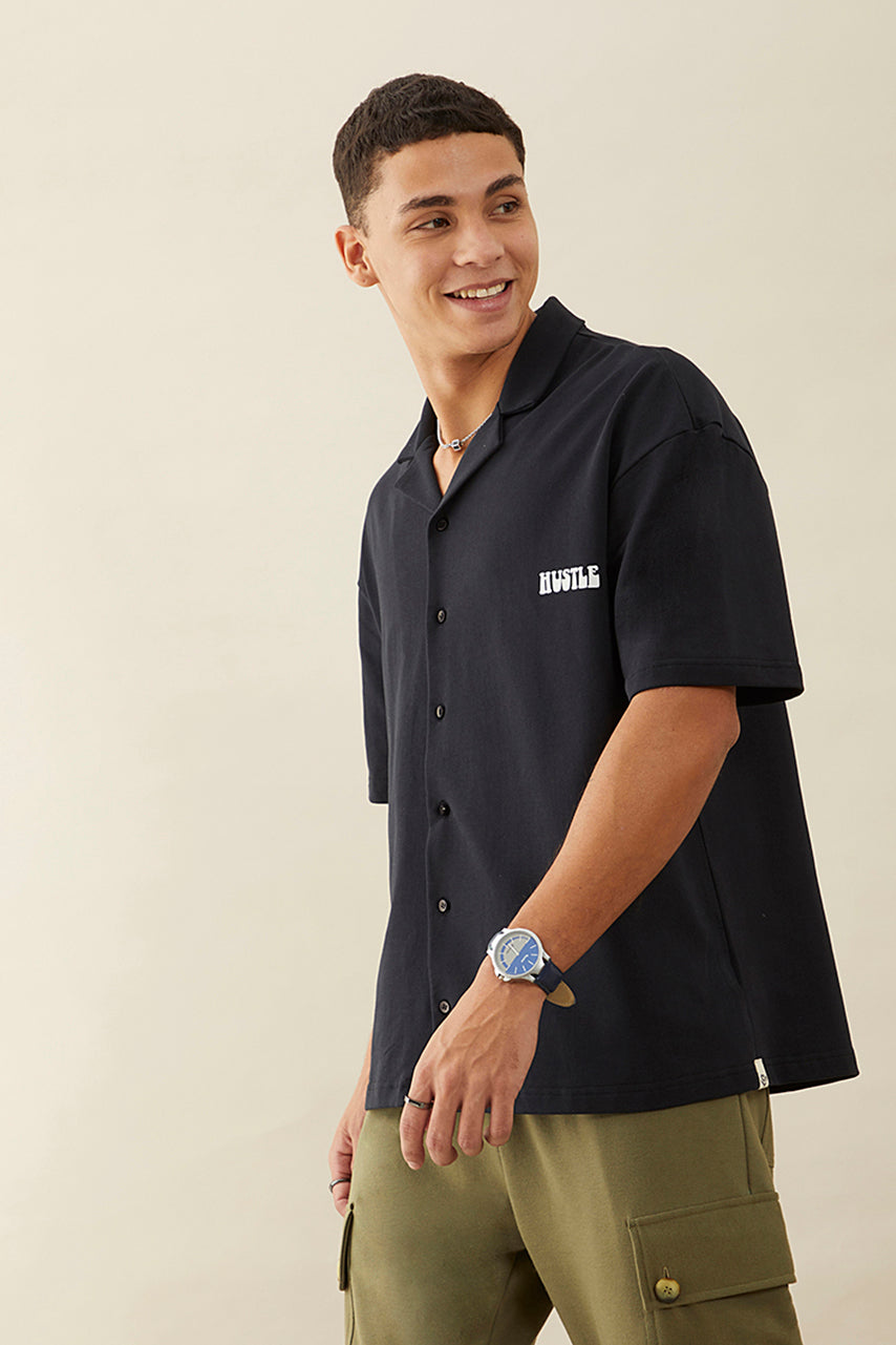 Oversized Black Graphic Printed Knitted Shirt - Hustle