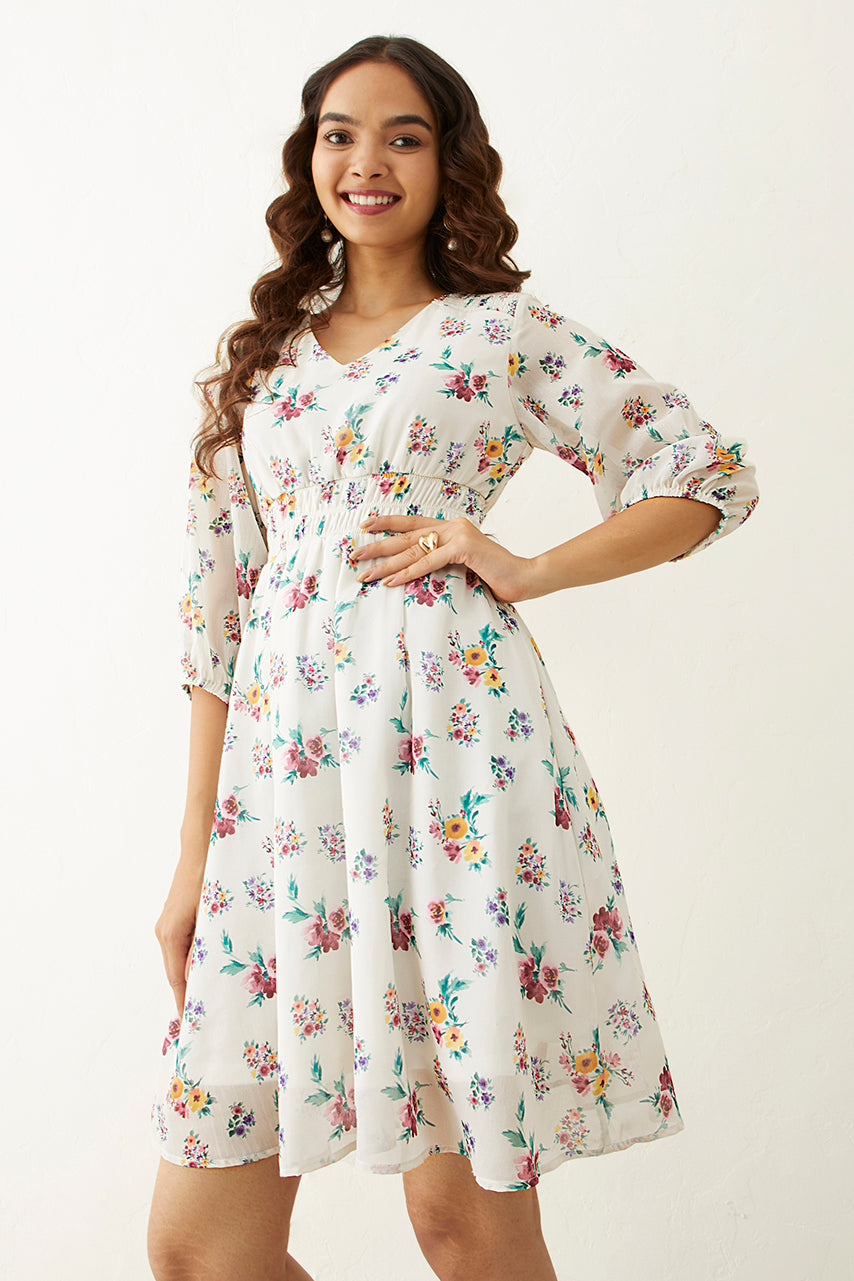 Off-white Floral Printed Flared Short Dress