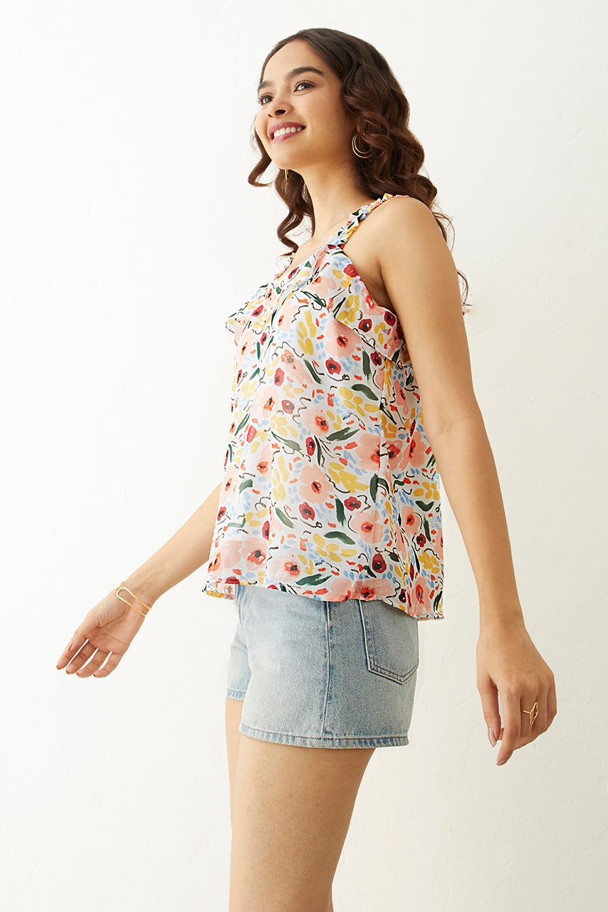 Multicolor Floral Printed Strappy Frilled Top