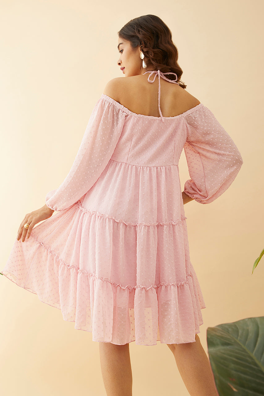 Pink Off-shoulder Tiered Short Dress