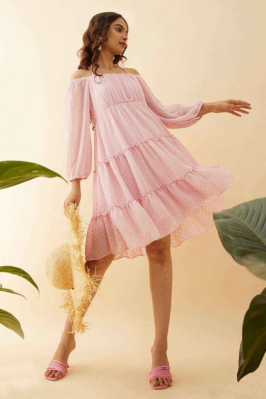 Pink Off-shoulder Tiered Short Dress