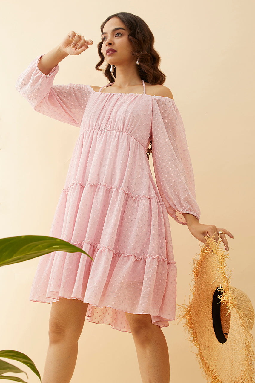 Pink Off-shoulder Tiered Short Dress