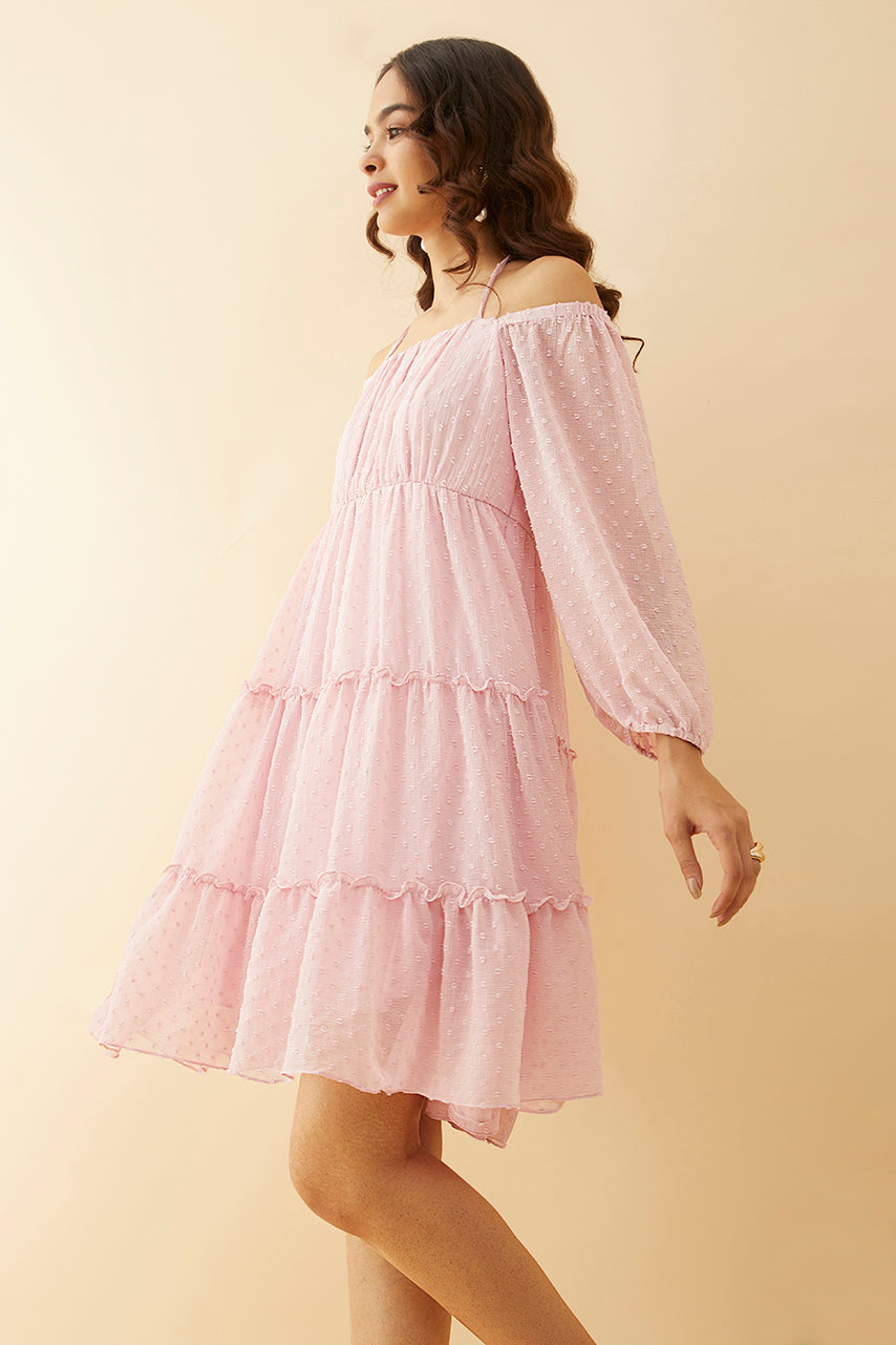 Pink Off-shoulder Tiered Short Dress