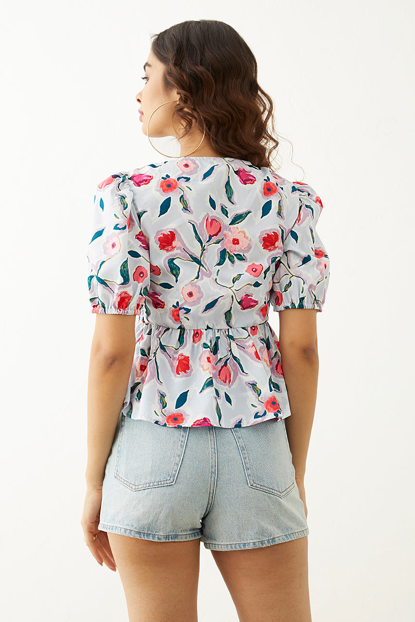 Powder blue Floral Printed V neck Top