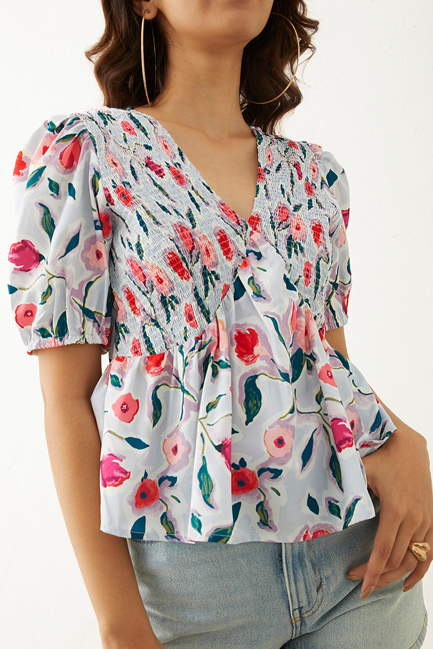 Powder blue Floral Printed V neck Top