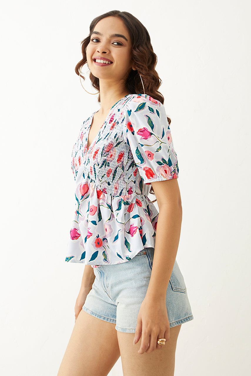 Powder blue Floral Printed V neck Top