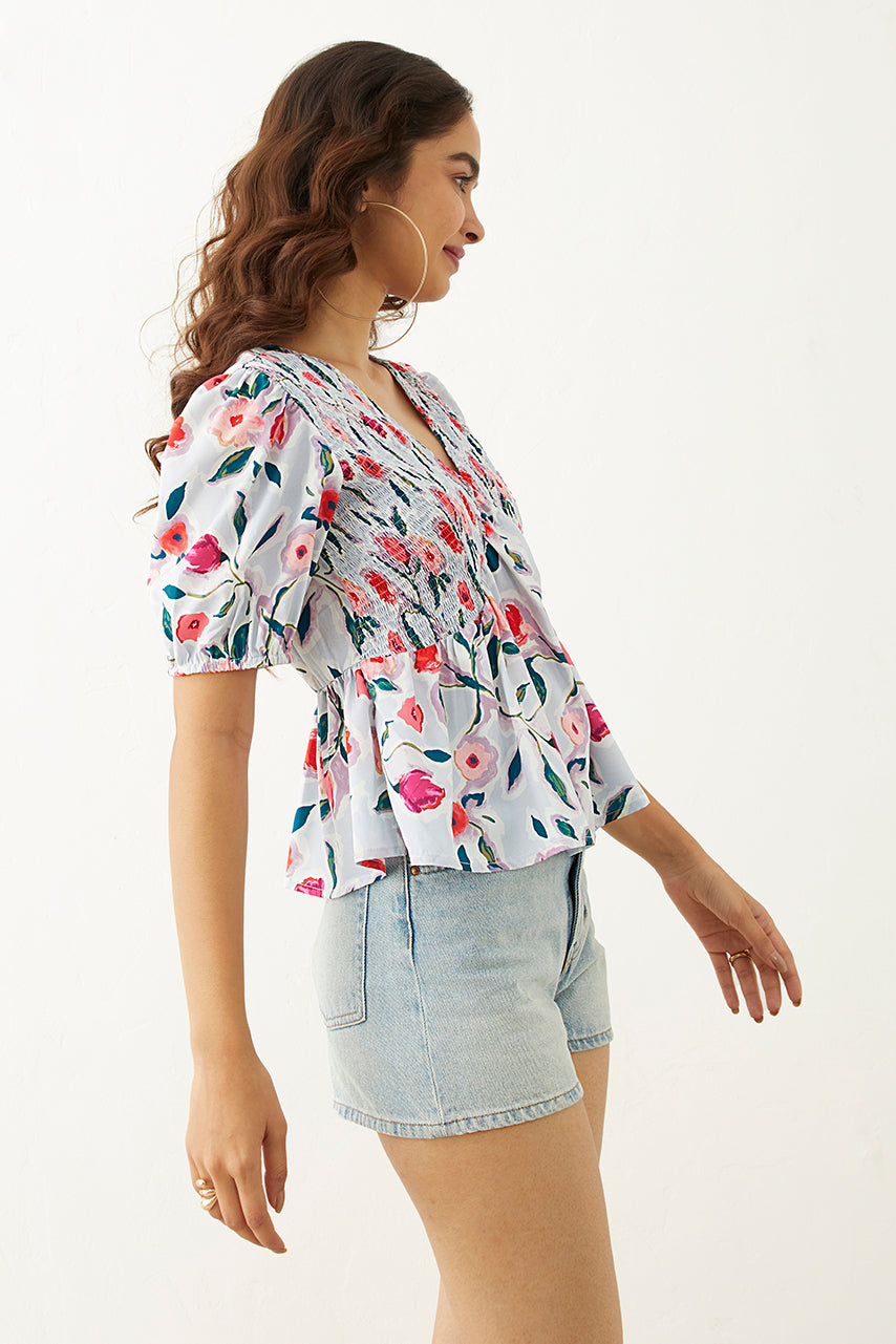 Powder blue Floral Printed V neck Top