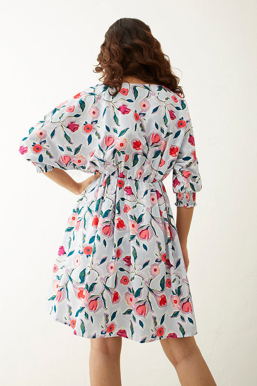 Powder blue Floral Printed V neck Short Dress