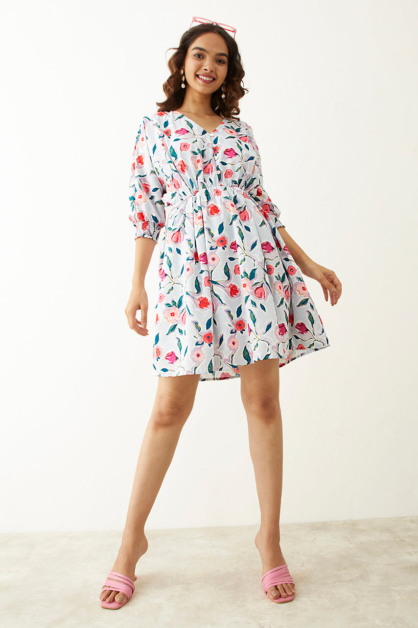 Powder blue Floral Printed V neck Short Dress