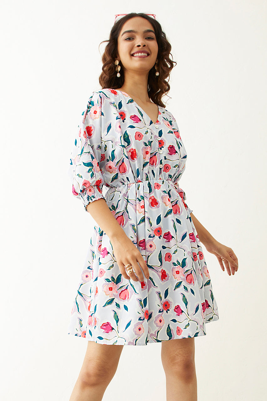 Powder blue Floral Printed V neck Short Dress