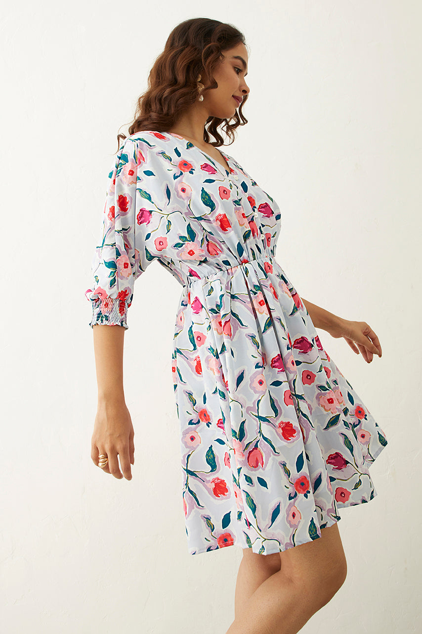 Powder blue Floral Printed V neck Short Dress