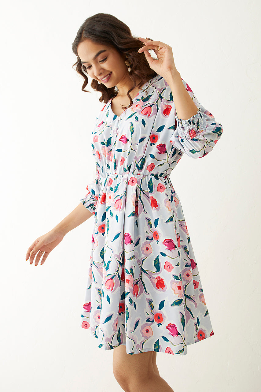 Powder blue Floral Printed V neck Short Dress