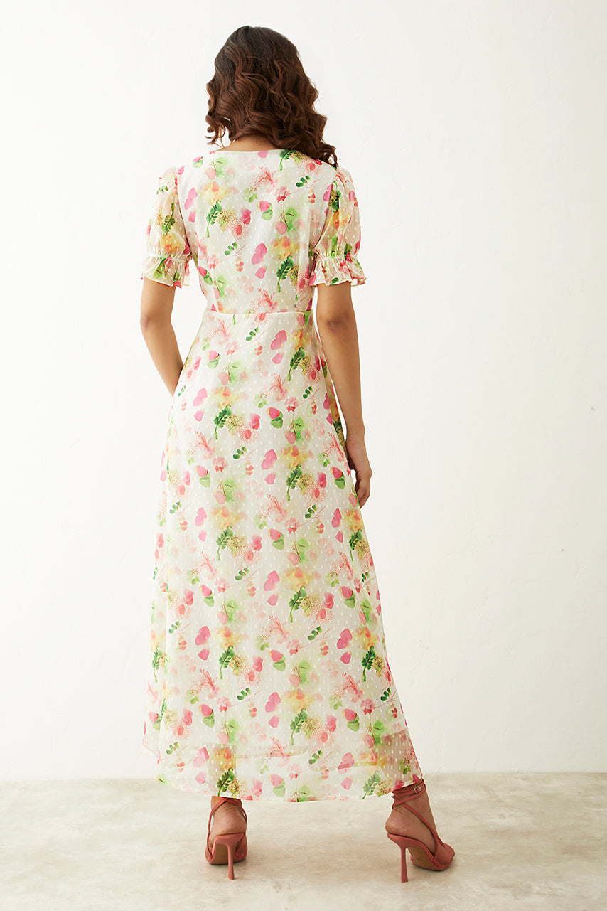 Off-white Floral Printed Square Neck Maxi Dress