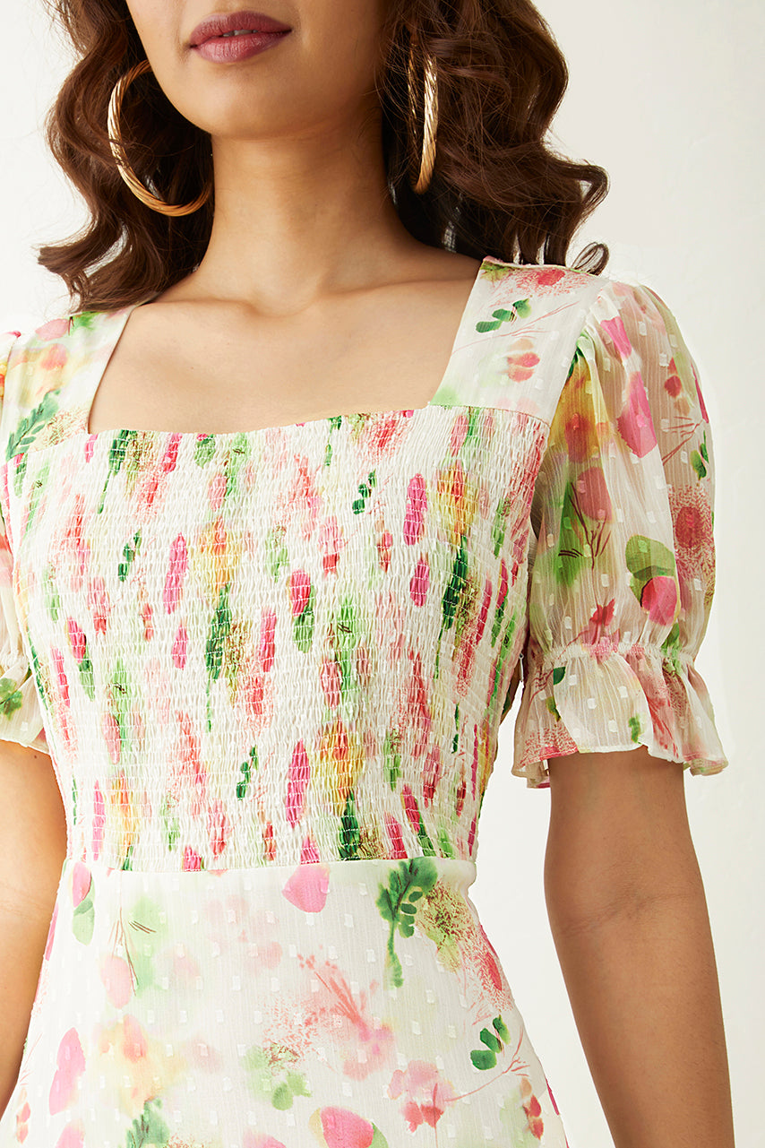 Off-white Floral Printed Square Neck Maxi Dress