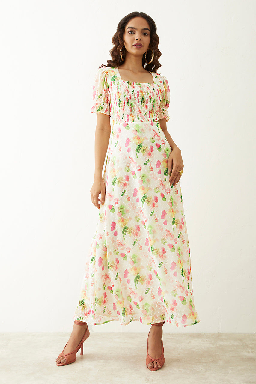 Off-white Floral Printed Square Neck Maxi Dress