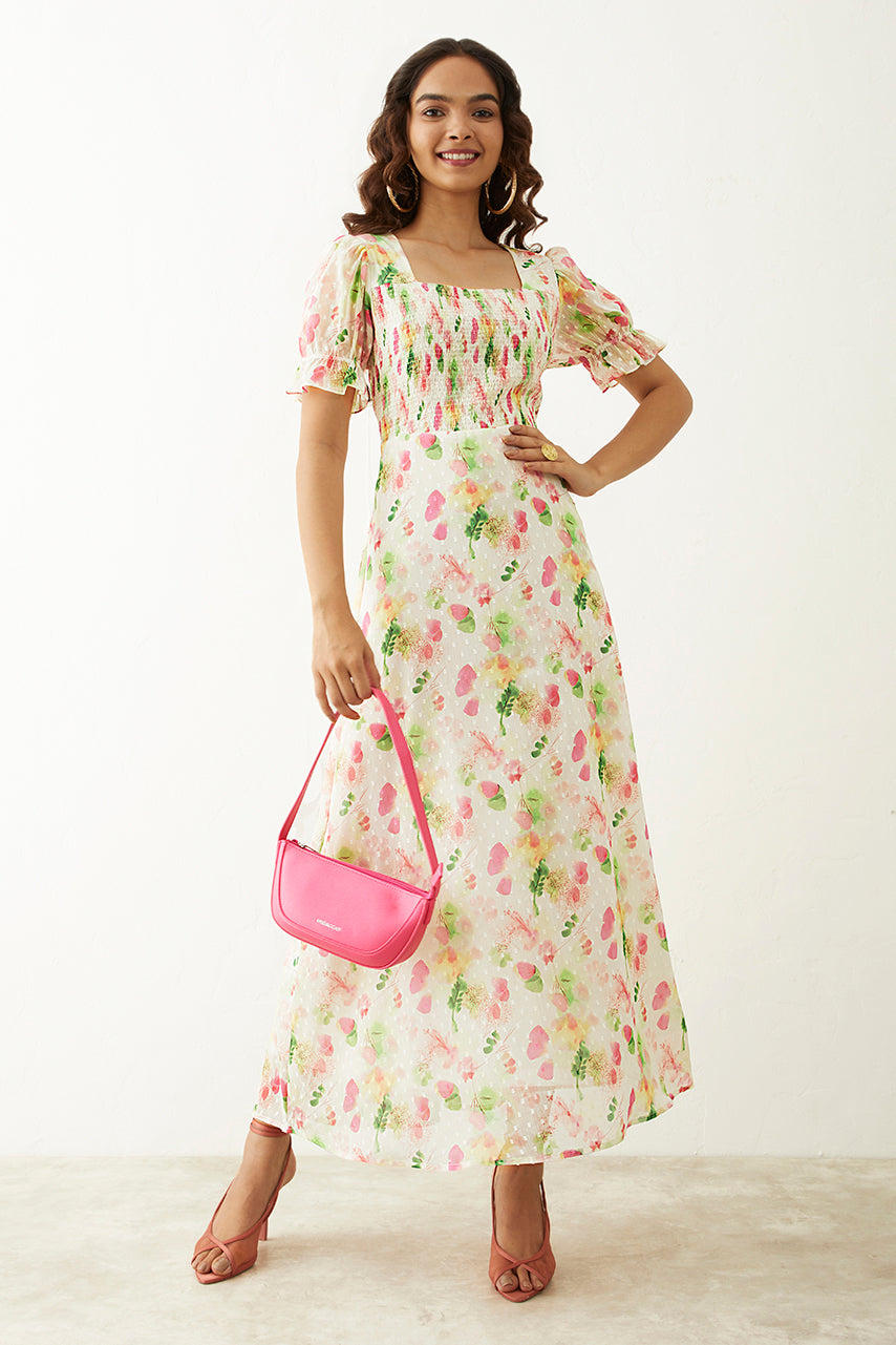 Off-white Floral Printed Square Neck Maxi Dress