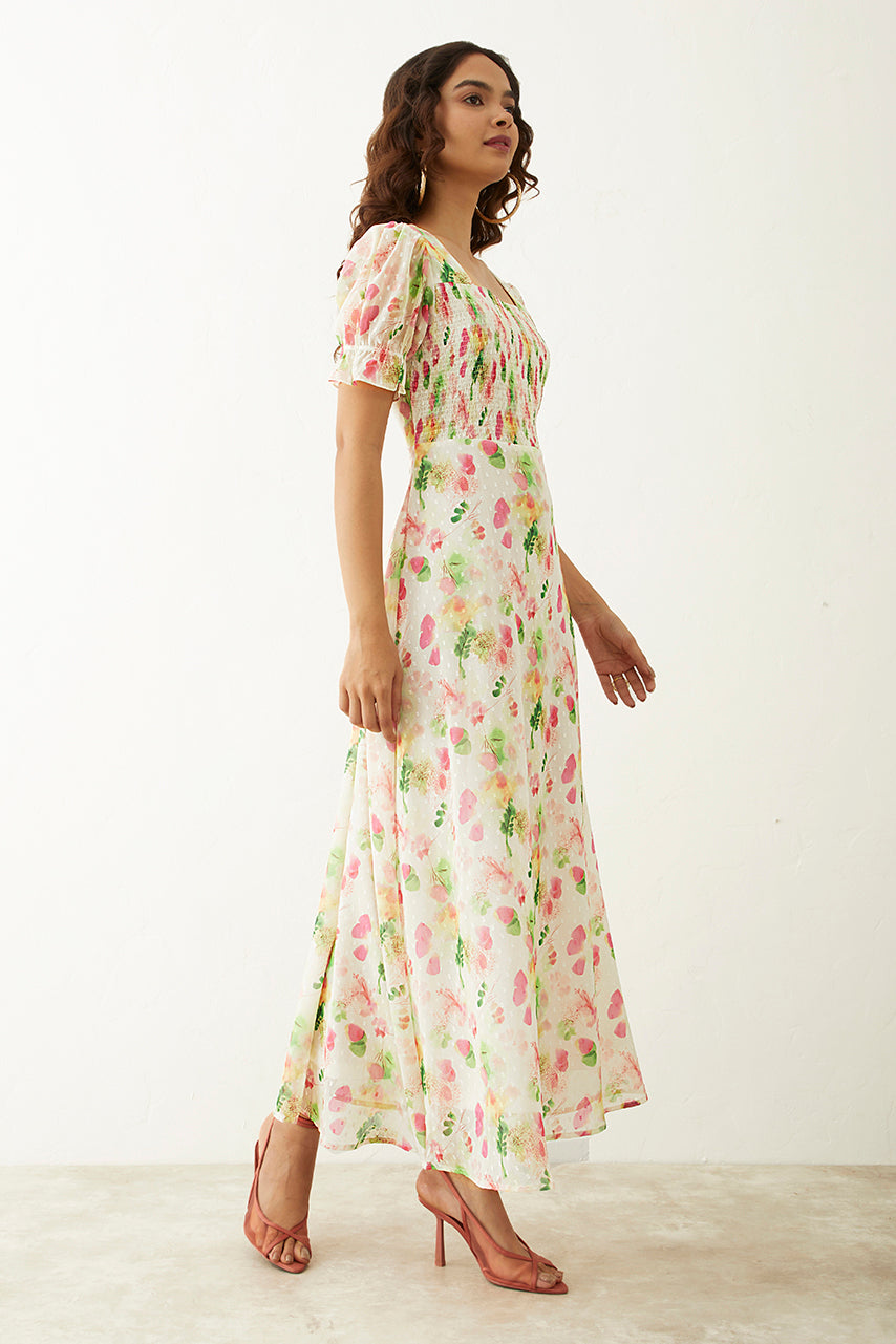 Off-white Floral Printed Square Neck Maxi Dress