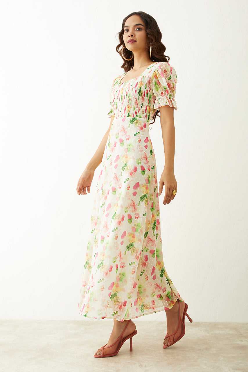 Off-white Floral Printed Square Neck Maxi Dress