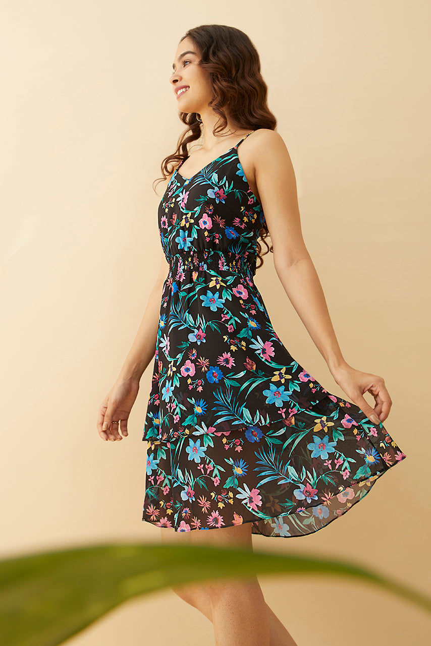 Black Floral Printed Strappy Double-Layered Short Dress