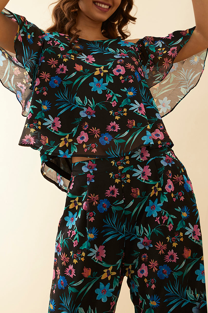 Black Floral Printed Pant Co-ord Set