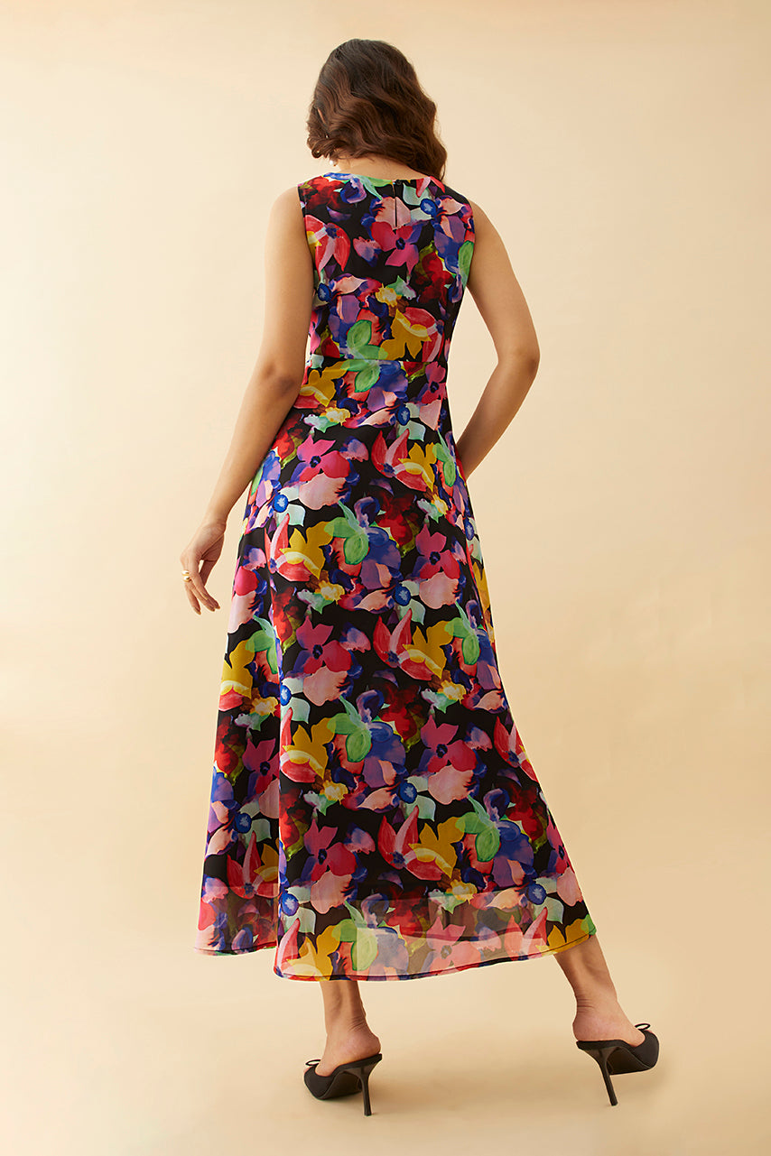 Black Floral Printed Sleeveless Maxi Dress
