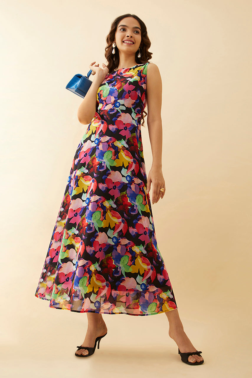 Black Floral Printed Sleeveless Maxi Dress