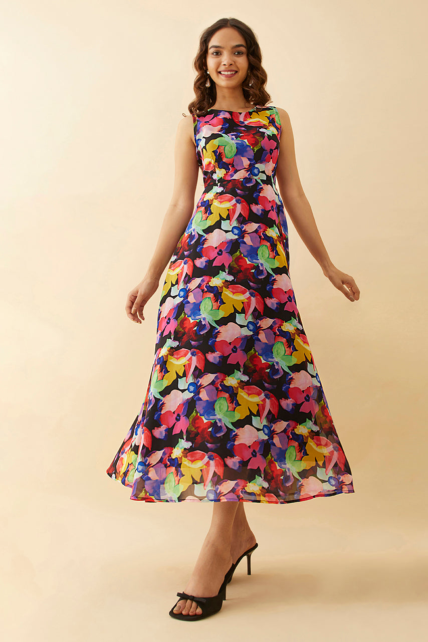 Black Floral Printed Sleeveless Maxi Dress
