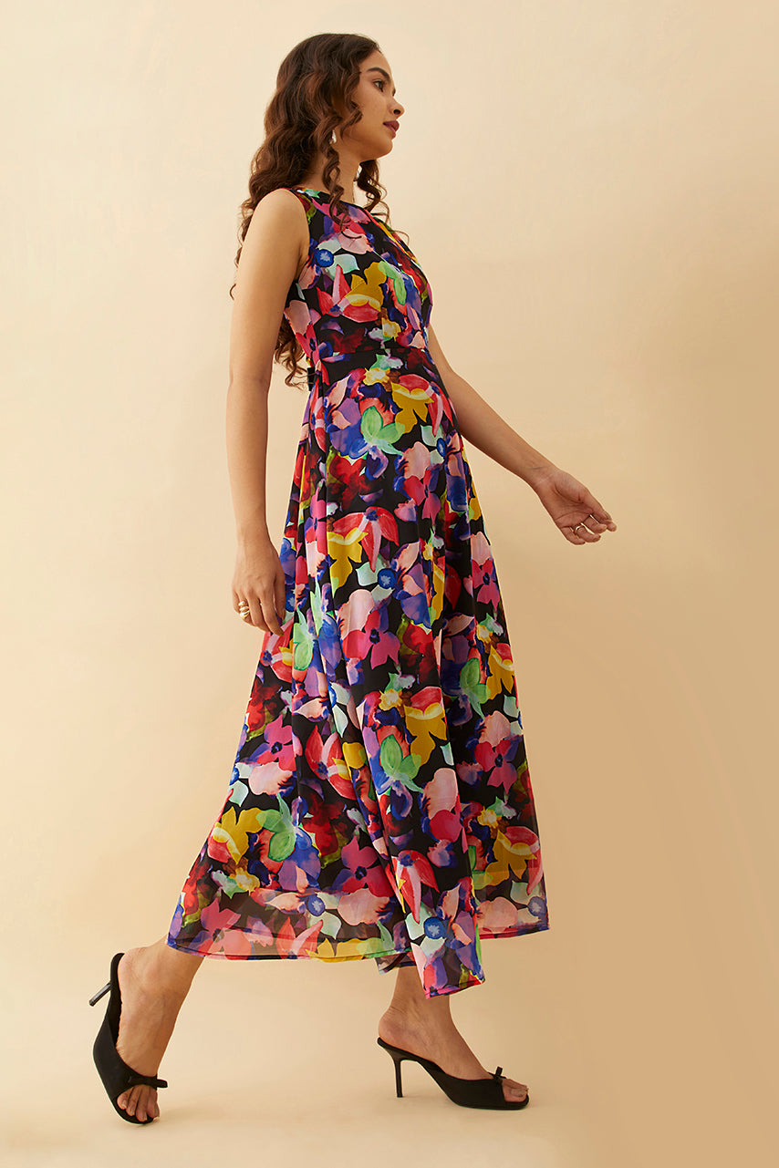 Black Floral Printed Sleeveless Maxi Dress