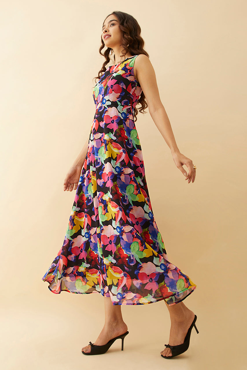 Black Floral Printed Sleeveless Maxi Dress