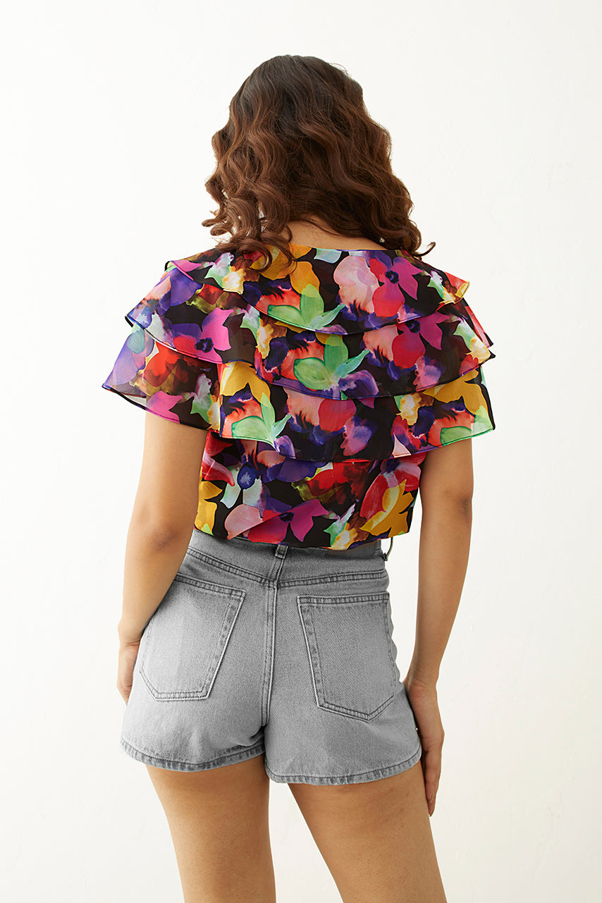 Black Floral Printed Ruffle Top