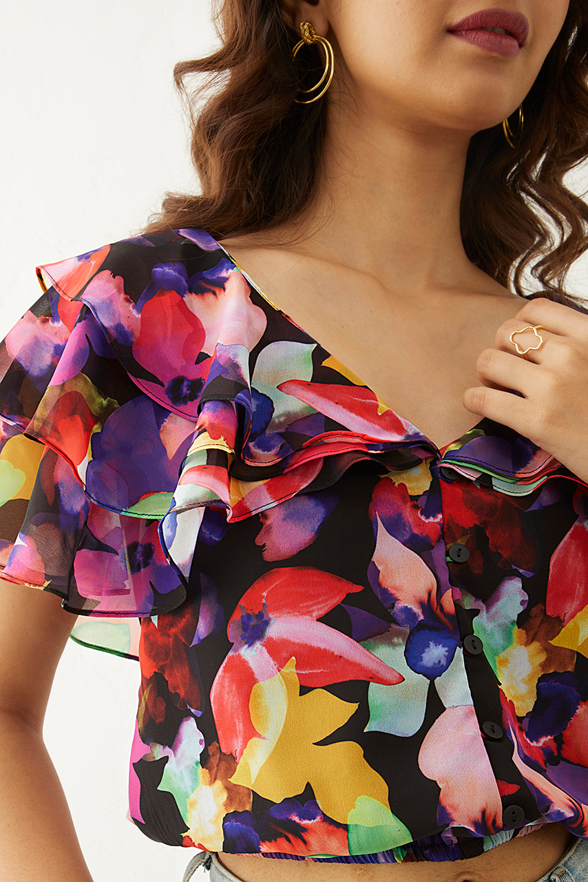 Black Floral Printed Ruffle Top