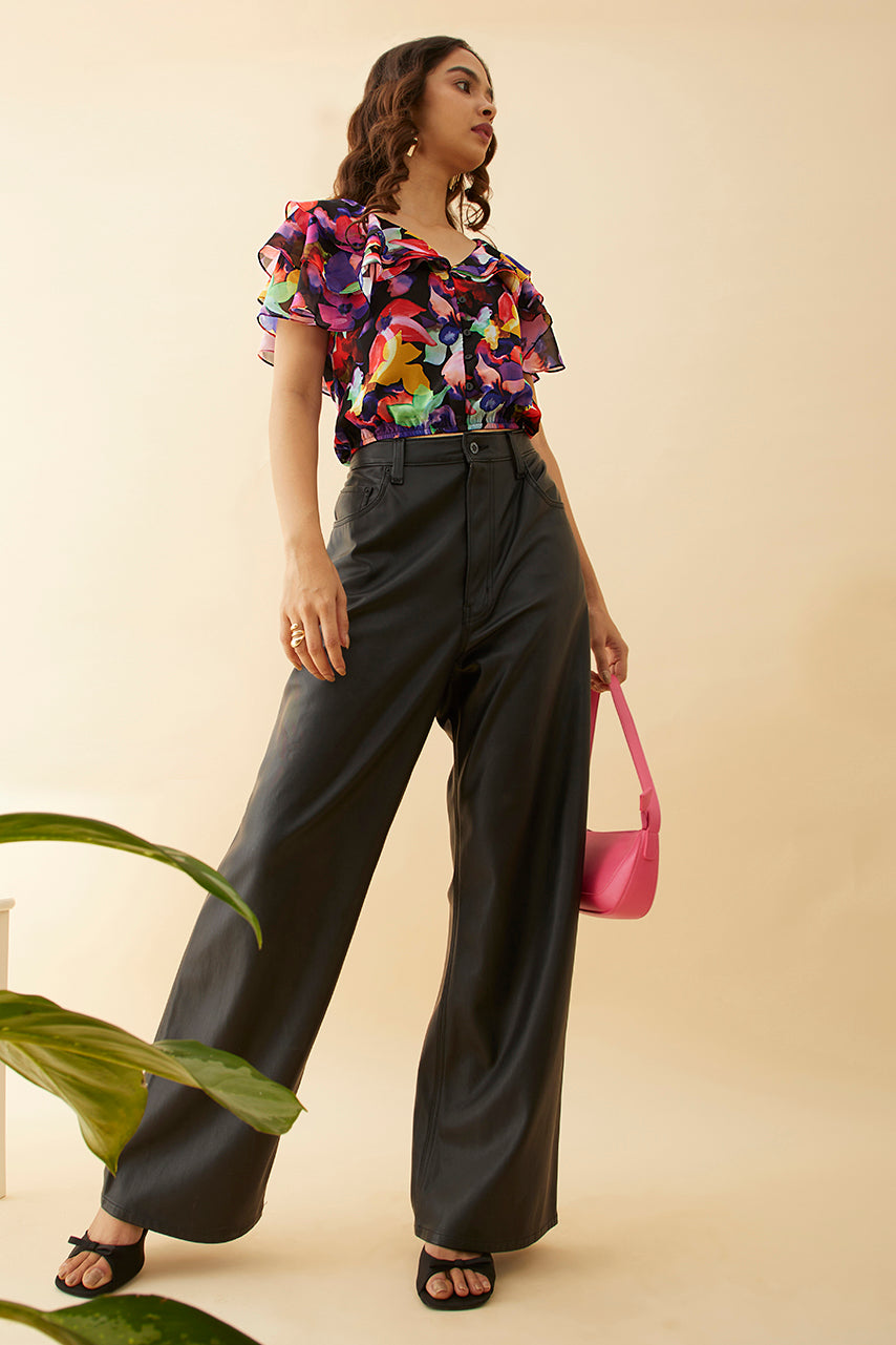 Black Floral Printed Ruffle Top