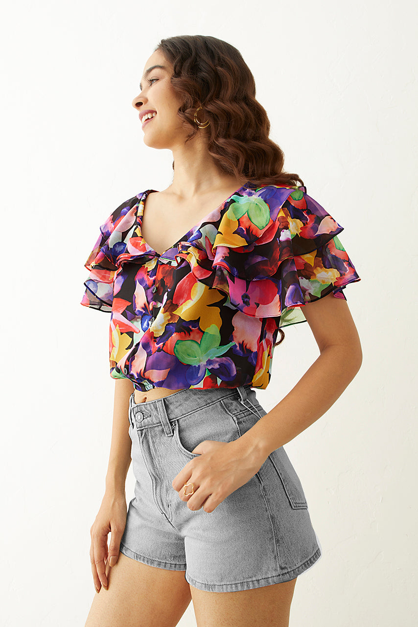 Black Floral Printed Ruffle Top