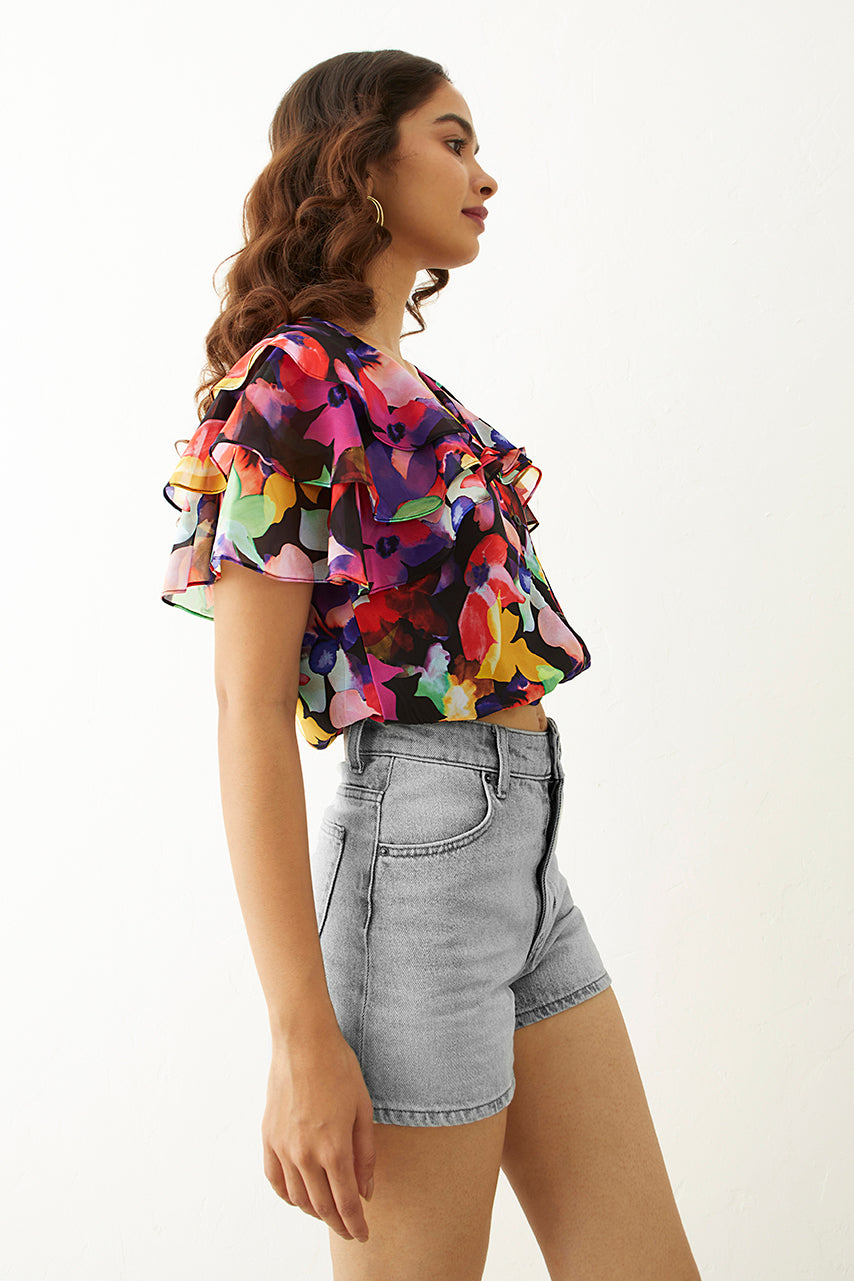 Black Floral Printed Ruffle Top