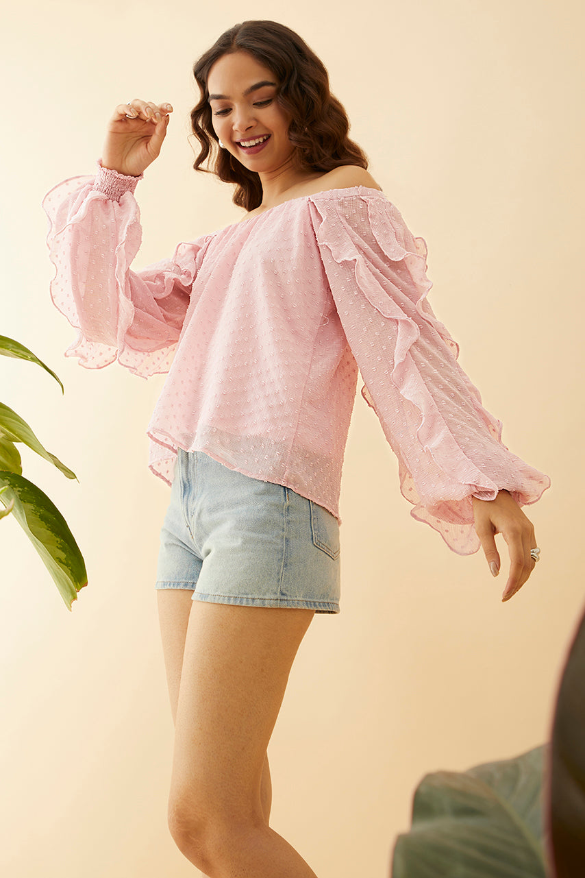 Pink Off-Shoulder Frilled Top