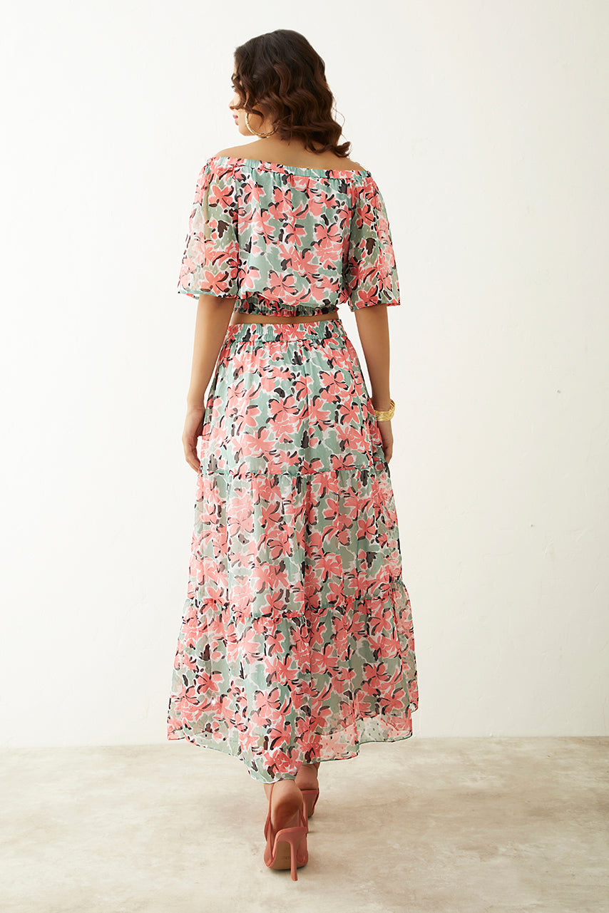 Green Floral Tiered Skirt Co-ord set