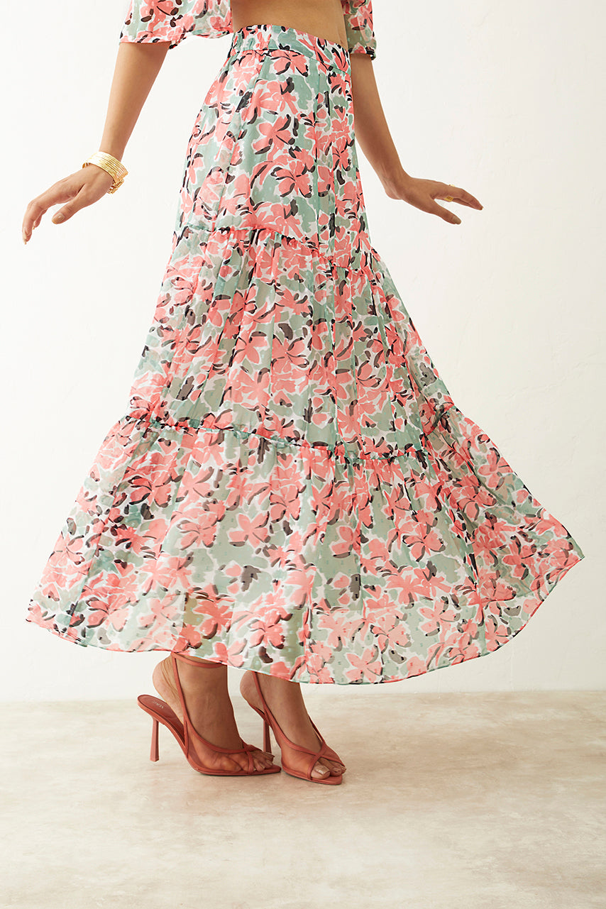 Green Floral Tiered Skirt Co-ord set