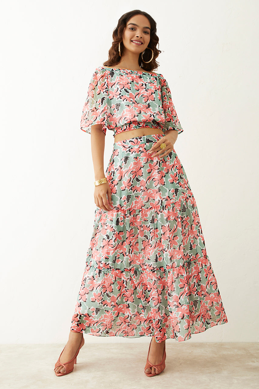 Green Floral Tiered Skirt Co-ord set